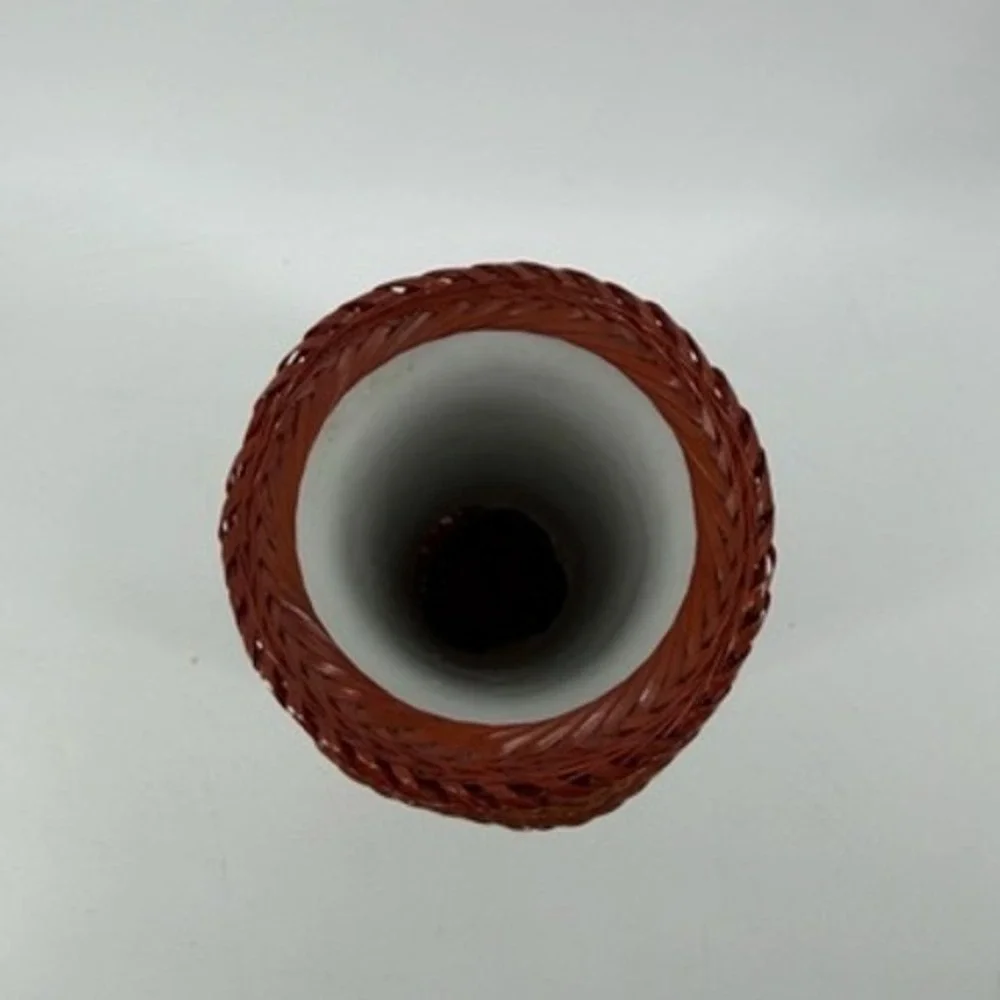 Vintage Hand Woven Bamboo and Porcelain Shanghai Vase Red Brown 12.5 Inch